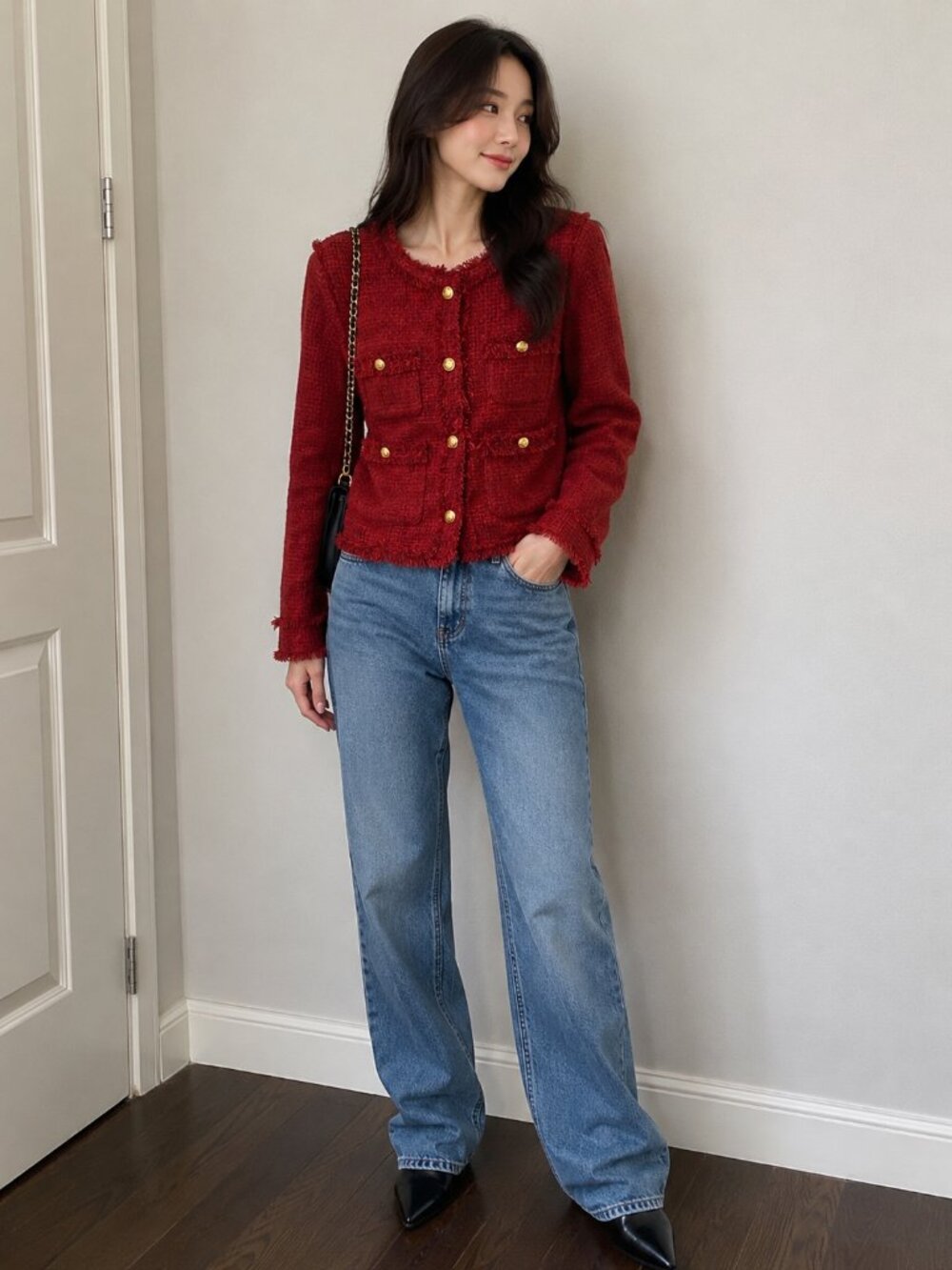 Red Tweed Blazer Jacket Gold Buttons Elegance Old Money Size Small